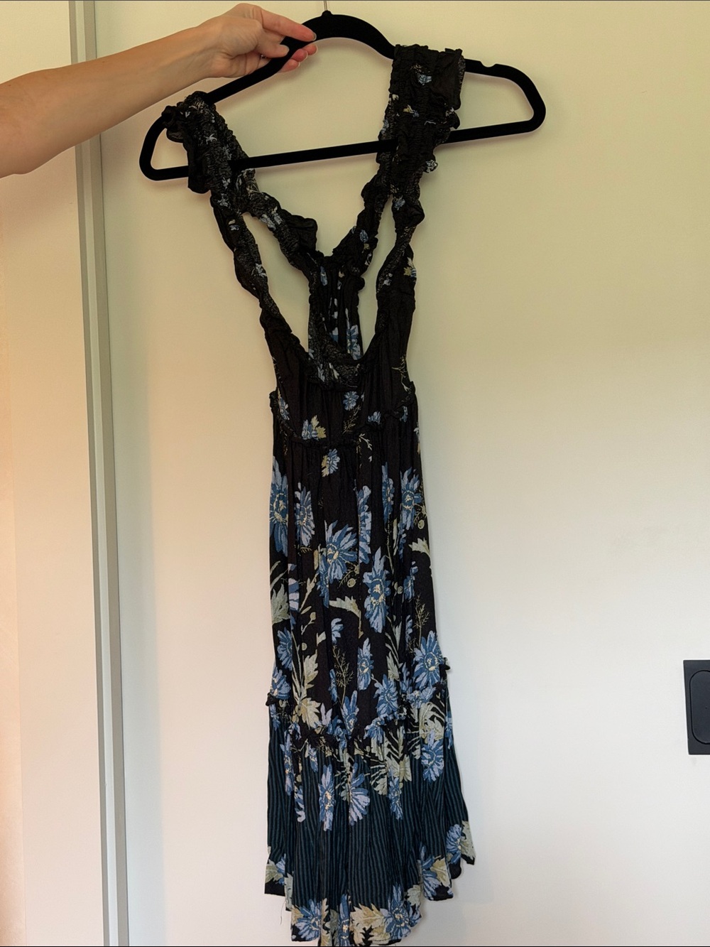 Free People Black Midi Dress with Blue and Cream Floral Print